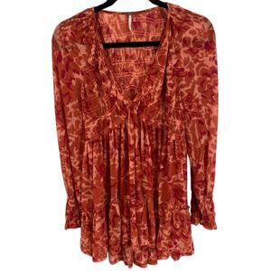 Free People Tunic Top Blouse Top Size Small Orange Print V-Neck Long Sleeves